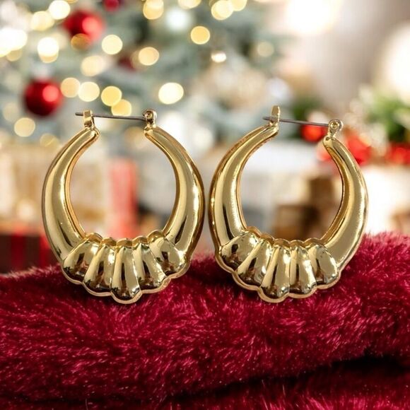 NWT Fashion Earrings Textured Hoop Earrings -‎ Gold tone - Picture 1 of 9